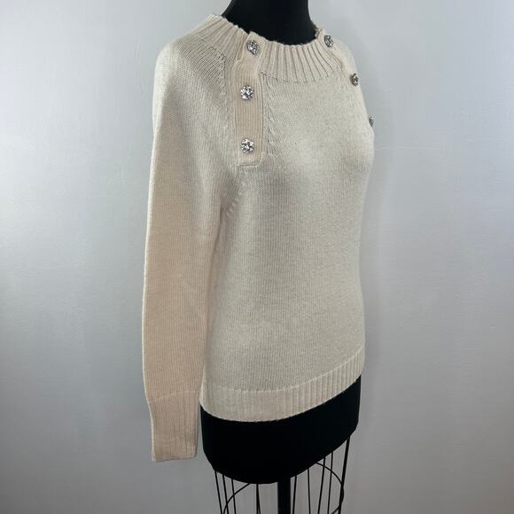 NWT J.CREW Natural Cream Crewneck Sweater Rhinestone Jewel Button Wool Blend XS - Picture 3 of 12
